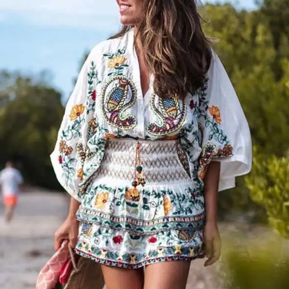 Boho Floral Embroidered Batwing Sleeve Blouse Ruffle Mini Skirt Set - Picture 2 of 14